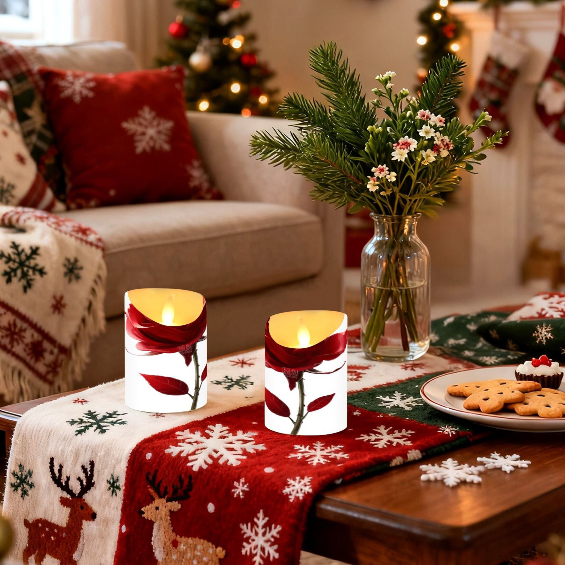 Iauyy Flameless Candles Battery Operated LED Pillar Candles with Remote and Timer, 3d Roses Set of 2 （M)