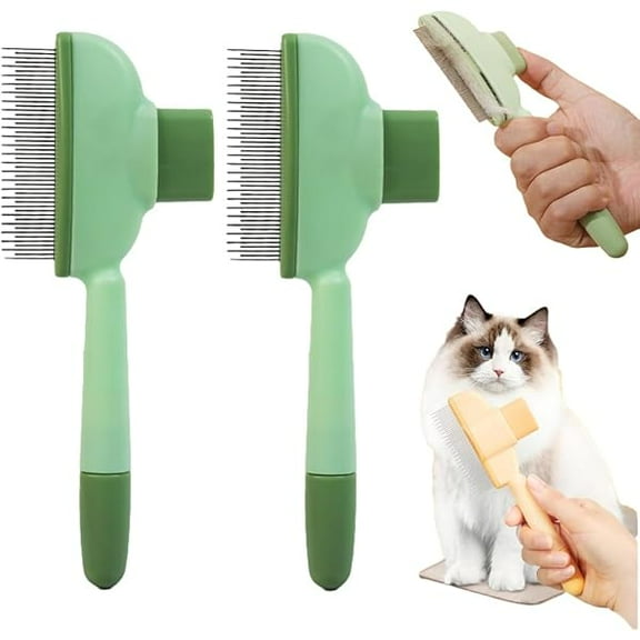 Saluqifa Pet Hair Comb, 2025 New Wider Cat Flea Comb with Release Button, 360 Degree Rotating Pet Grooming Brush for Cats Dogs (2pcs Green)
