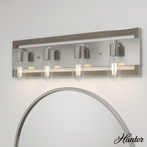 Hunter - Woodburn 4-light Brushed Nickel, Medium Size Vanity Light, Dimmable, Modern Style, for Bedrooms, Kitchens, Dining, Living Rooms - 19865