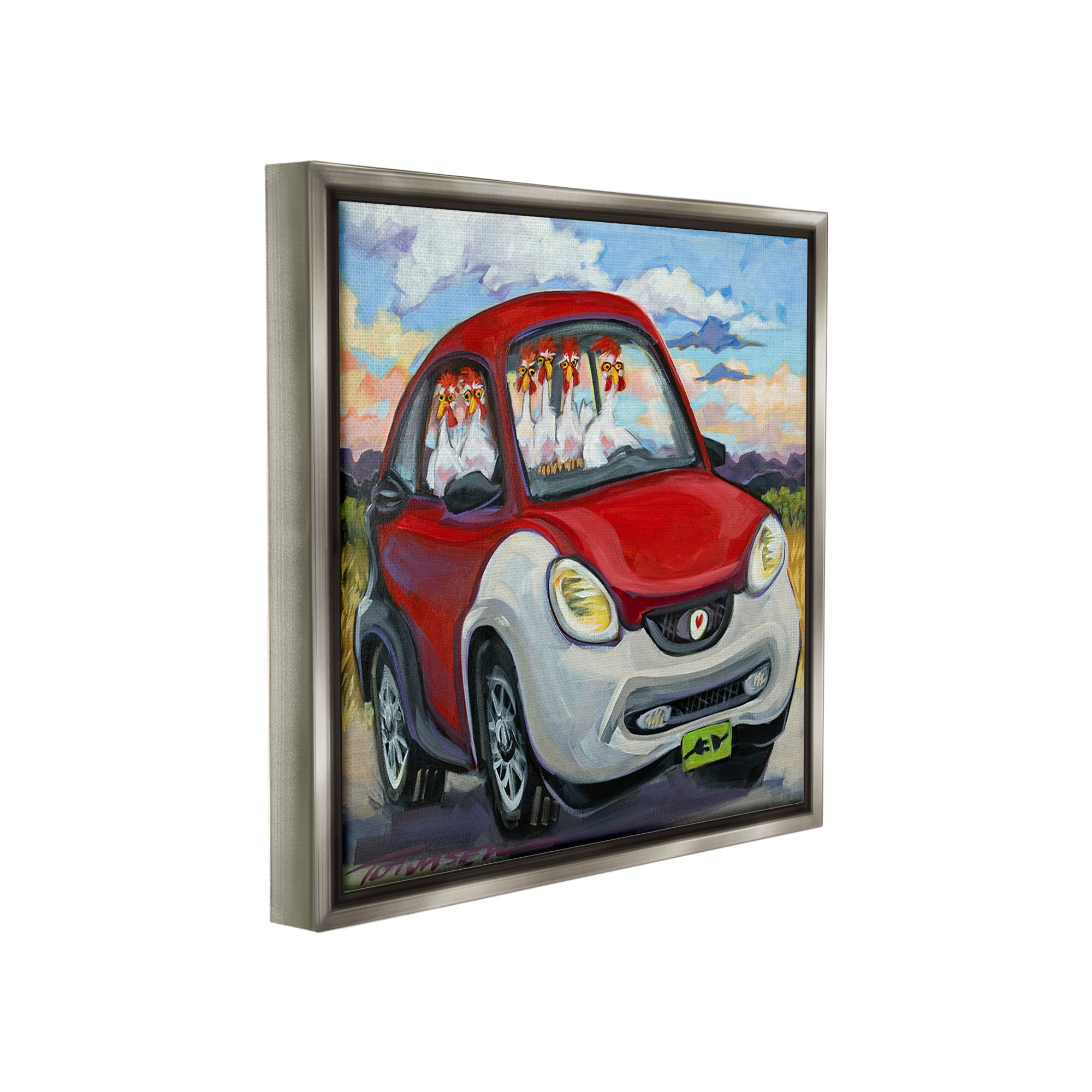 Stupell Industries Chickens Driving Car Animals & Insects Painting Gray Floater Framed Canvas Art Print Wall Art, 18 x 18