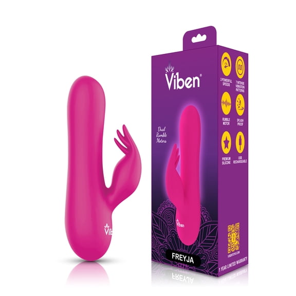 Viben Freyja Mini Rechargeable Splashproof Silicone Triple Tickler Dual-Motor G-Spot Rabbit Vibrator, Hot Pink