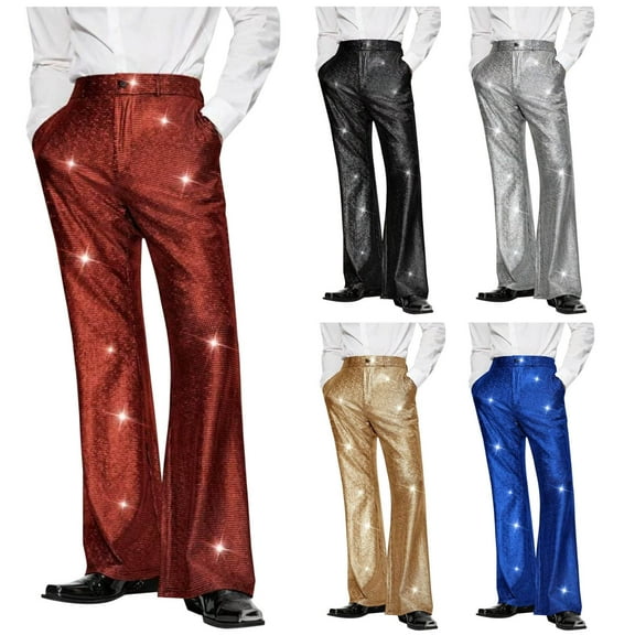 FRSASU Men's clean color wide leg pants Shiny Metallic Long Pants Bell Bottom Flared Trousers mid waist performance pants Silver