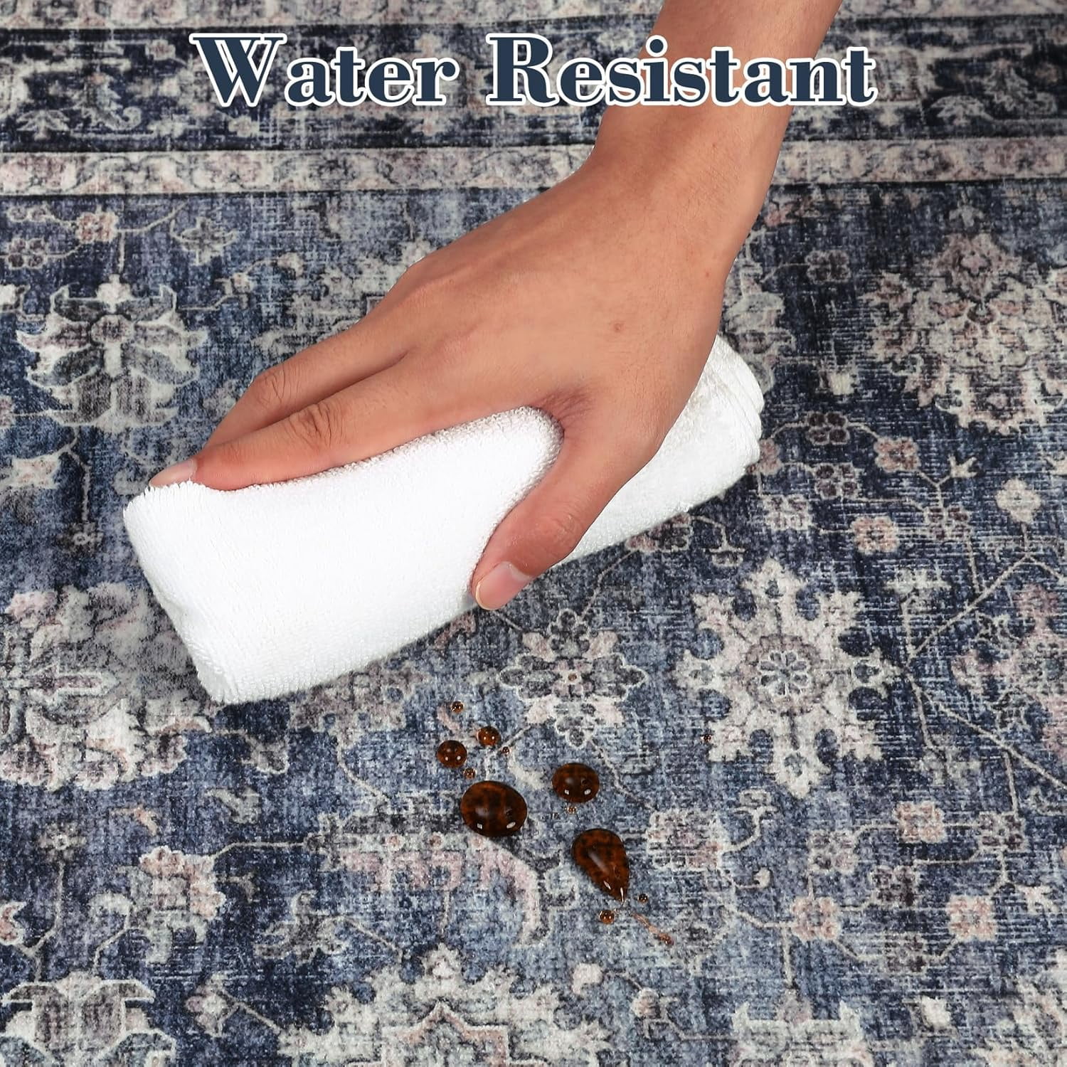 Area Rugs 4x6 Vintage Printed Floor Carpet with Non-Slip Backing, Stain-Resistant Oriental Throw Rugs, Washable Farmhouse Low Pile Rugs for Living Room, Bedroom, Office, Blue