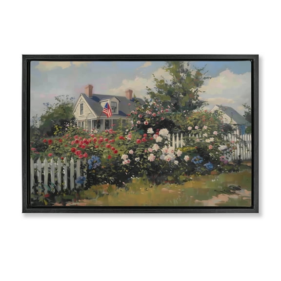 Stupell Industries Patriotic Cottage Garden Landscape & Nature Painting Black Floater Framed Canvas Art Print Wall Art, 25 x 17