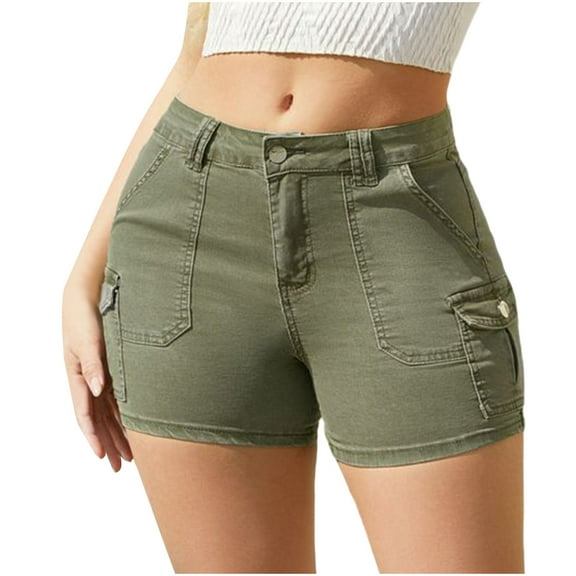 Womens Cargo Shorts Jeans Mid Rise Tight Stretch Jean Denim Shorts Flap Pocket Button Up Short Pants Streetwear Green, XXL