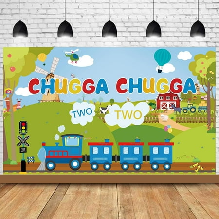 Chugga Chugga Two Two Backdrop Blue Train Kids 2nd Birthday Party Decorations - Railway Railroad Farm Toddler 2 Years Old Bday Table Banner