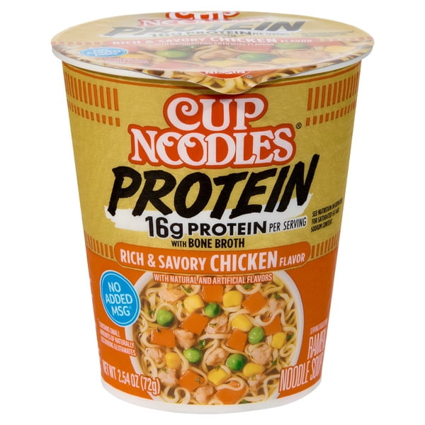 Nissin Cup Noodles Protein Chicken Flavor 2.54 oz Cups, 6 Pack 16g Protein Instant Ramen with Bone Broth
