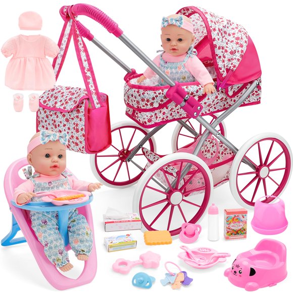 deAO Baby Doll Stroller Set High Chair Travel Diaper Bag with 12 inch Baby Doll Accessories Pretend Play Toys with Foldable Stroller 2 Sets Doll Clot