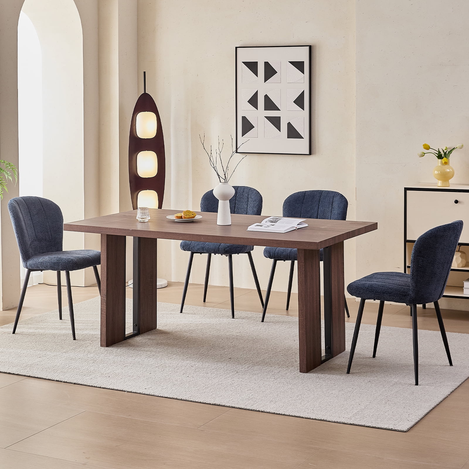 63" Dining Table Set for 4 6 People, 5 Piece Kitchen Dining Room Table with 4 Blue Chenille Chairs for Living Kitchen Room Apartment
