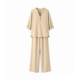 thumbnail image 6 of Linen Two Piece Outfits for Women Summer V Neck Button Down Tops Wide Leg Pants Set Casual Loose Matching Sets For Vacation, 6 of 7