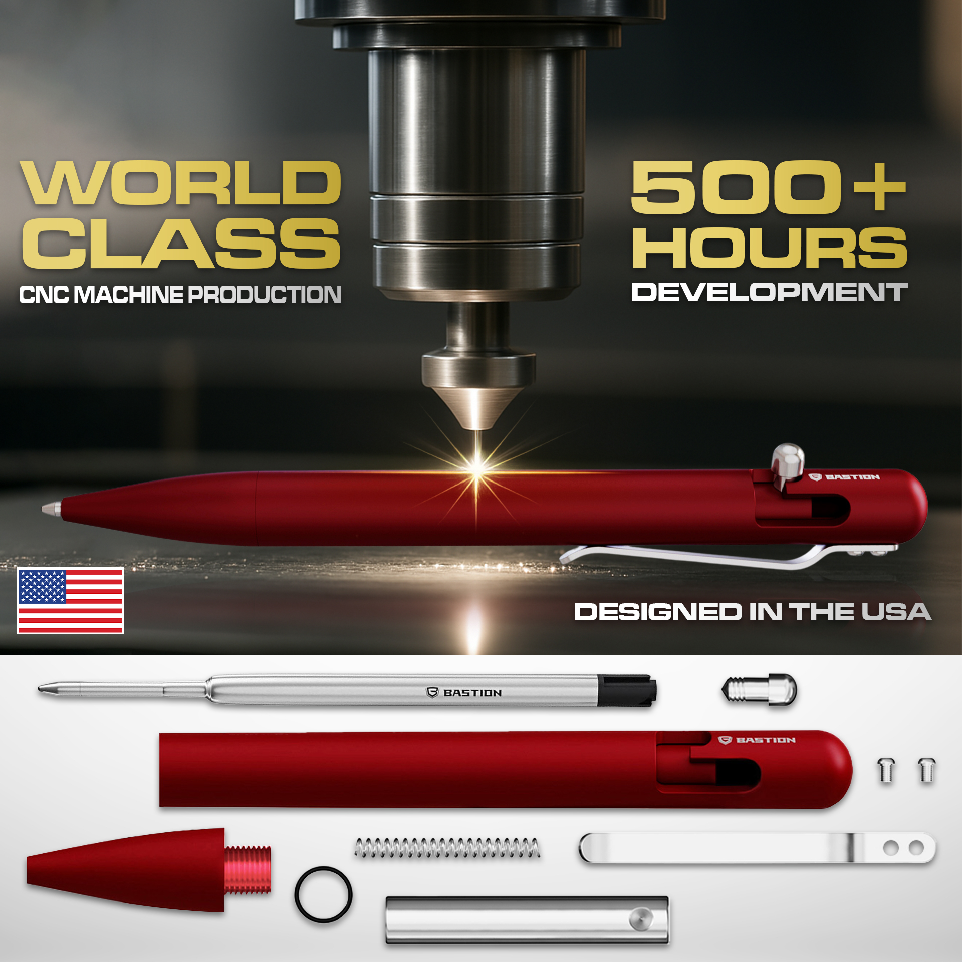 Bastion Aluminum Bolt Action Pen, Regal Red, Ballpoint Refillable, 1 Count