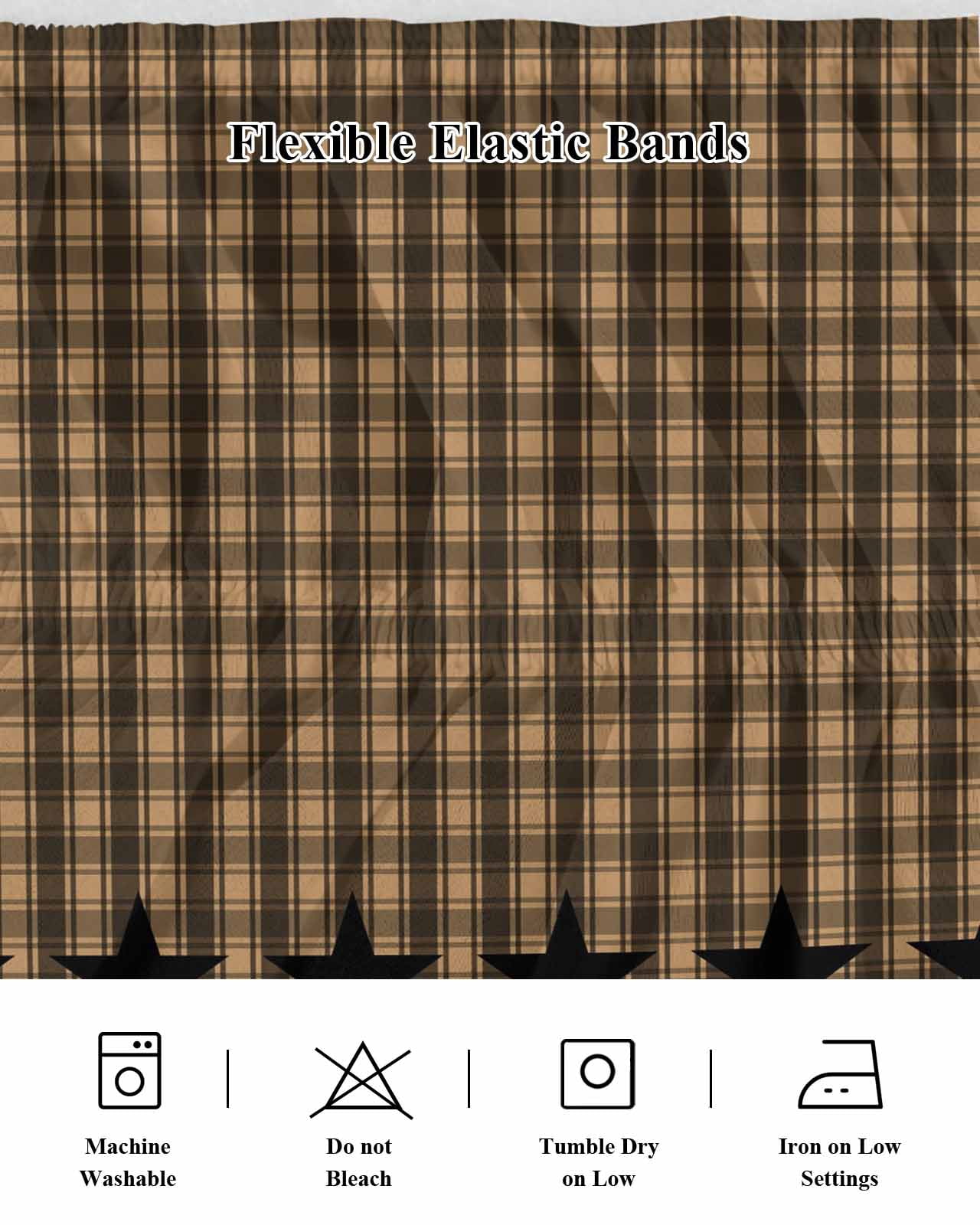 Brown Black Plaid Bed Skirt Queen Size, Vintage Rustic Star Buffalo Check Wrap Around Bed Skirting with Adjustable Elastic Strap, Dust Ruffle Pleated Bedskirts 16 Inch Drop for Bedroom Queen Beds