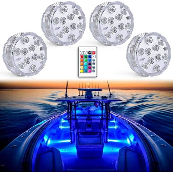 Boat Lights Wireless Battery Operated, Waterproof Marine Led Light for Deck Light Courtesy Interior Lights, for Fishing Kayak Jon Bass Boat, RGB Multi Color Remote Controlled, 4pcs