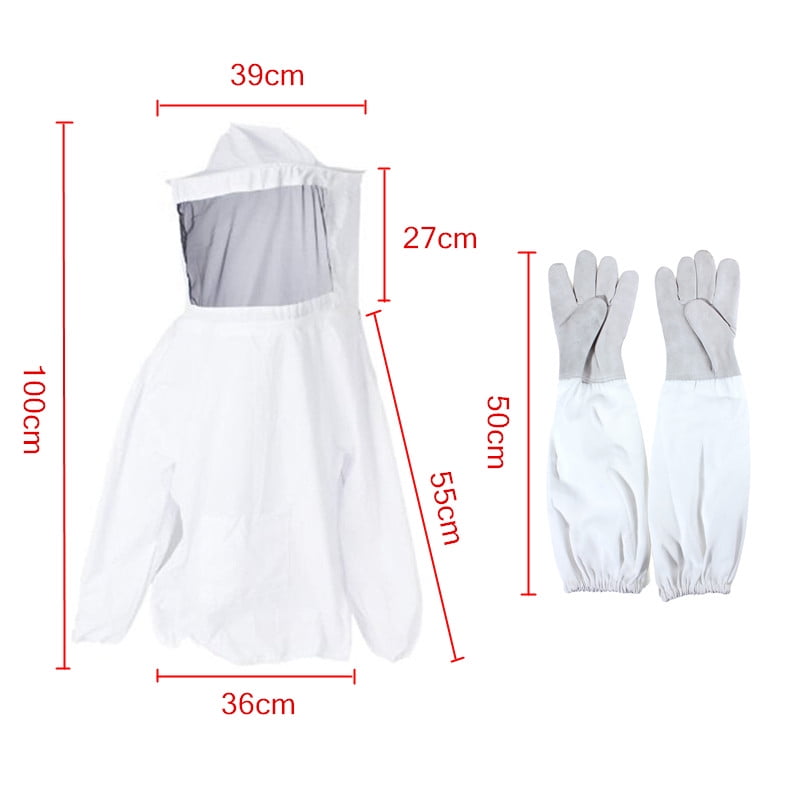 Long Sleeve Gloves Beekeeping Jacket Suit Outfit w// Protective Veil Smock Hood
