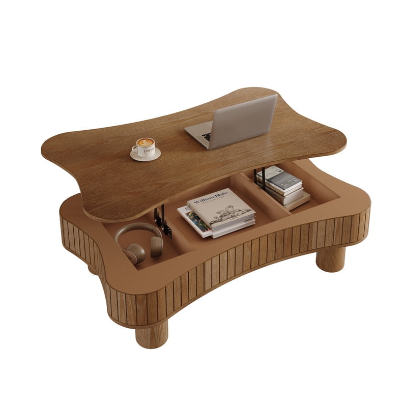 42" Lift Top Coffee Table with Hidden Storage, Fluted Panel Center Table with Hydraulic Lift, Rounded Corners, Wood Living Room Coffee Table for Small Spaces,Walnut