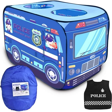 Fun Little Toys 44"×28" Kids Pop Up Tent with Policeman Costume and Carrying Case, Indoor and Outdoor Police Car Tent for Kids Play Tent Gift for Boys and Girls