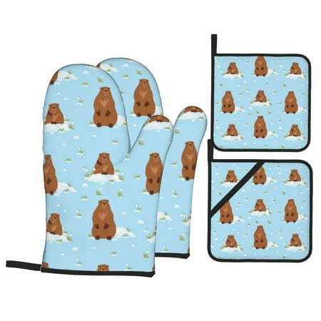 

Oven Mitts and Pot Holders 4 pcs Set Capybaras Flowers Grass Heat Resistant Pot Holders Oven Mitts for kitchen Non-Slip Hanging Loop Oven Glove Potholders for Baking Cooking