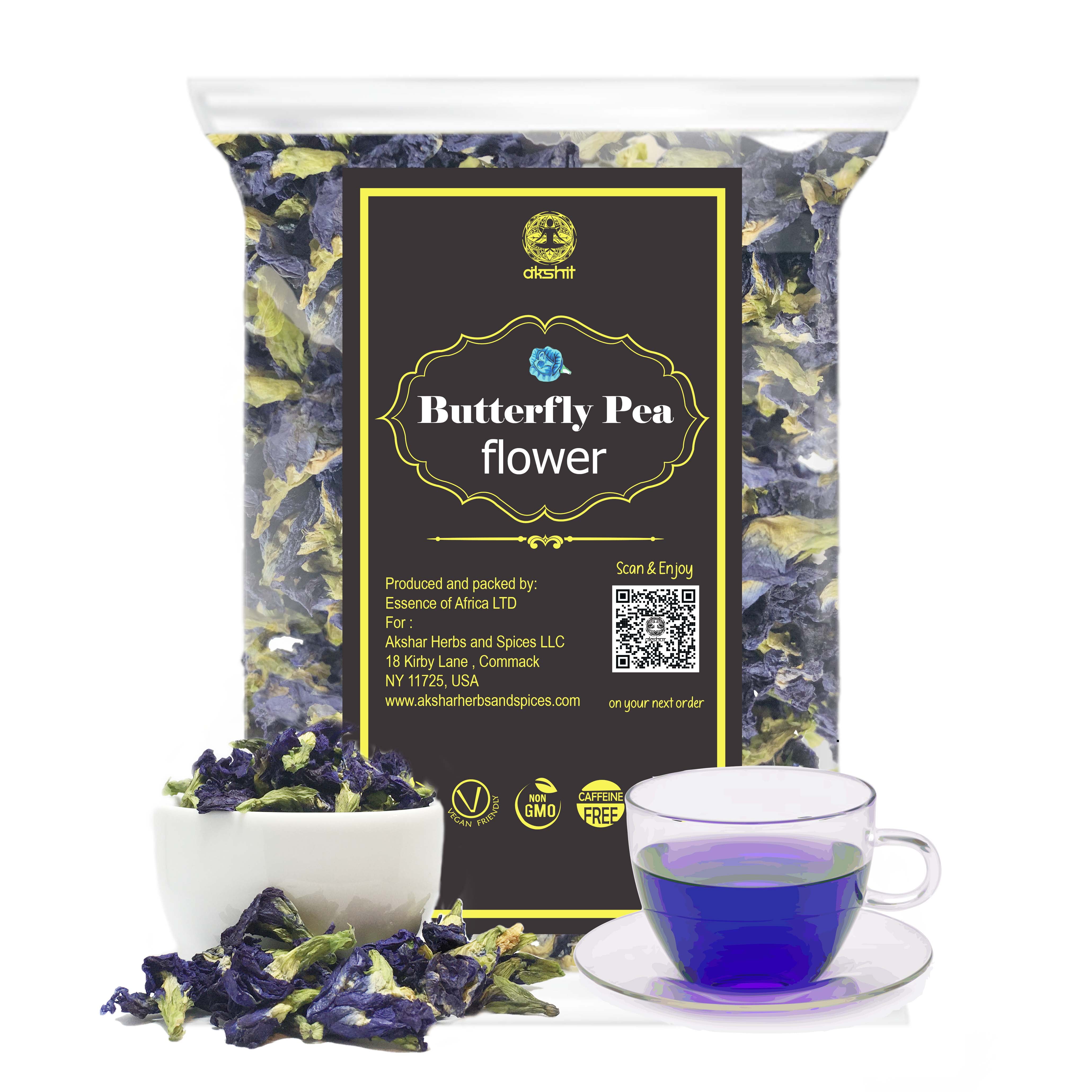 Akshar Organic Dried Butterfly Pea Flowers, Makes Natural Blue and Purple Tea. 0.4 oz.