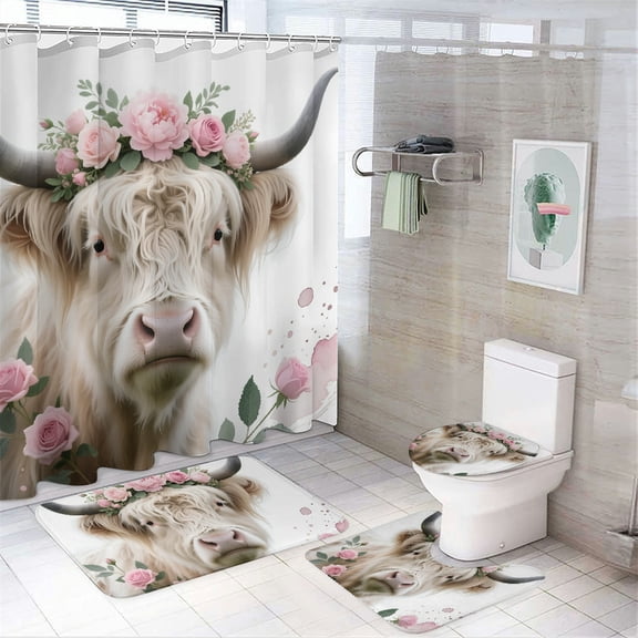 RKSupls 4pcs Waterproof Shower Curtain Sets, Highland Cow Flower Print  bathroom four piece set, easy to clean Preferred material Suitable for home bathrooms