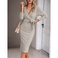 thumbnail image 2 of Biekopu Women's Knit Midi Slim Dress Solid Color Wrap V-Neck Knot Front Long Sleeve Dress for Fall, 2 of 5