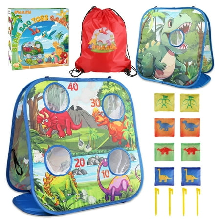 Dinosaur Bean Bag Toss Game for Kids with Carry Bag, 2-in-1 Foldable Toddler Cornhole Board Backyard Beach Lawn Outside Toys, Outdoor Yard Party Activities Toy Gifts for Boys Girls Age 3 4 5 6 7 8