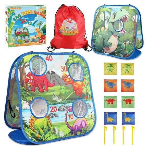 Dinosaur Bean Bag Toss Game for Kids with Carry Bag, 2-in-1 Foldable Toddler Cornhole Board Backyard Beach Lawn Outside Toys, Outdoor Yard Party Activities Toy Gifts for Boys Girls Age 3 4 5 6 7 8