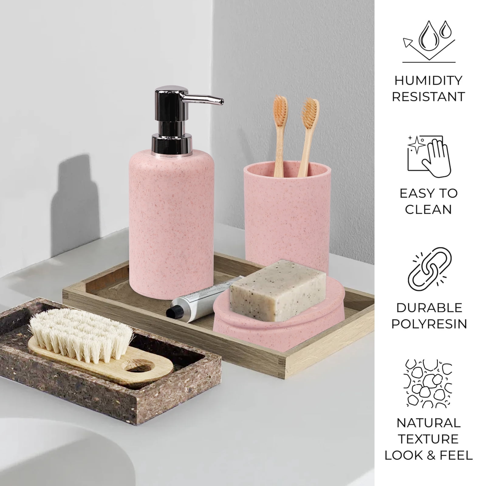 CERBIOR Bathroom Accessories Set 6 Piece Wheat Straw Bath Ensemble Includes Soap Dispenser, Toothbrush Holder, Toothbrush Cup, Soap Dish for Decorative Countertop and Housewarming Gift, Pink