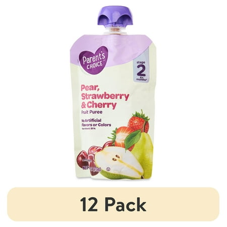 (12 pack) Parent's Choice Stage 2 Baby Food Pear, Strawberry & Cherry Fruit Puree, 4 oz Pouch
