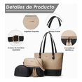 thumbnail image 3 of Bolsas Para Mujer De Cuero Pu Impermeable Tote Elegante 3pzs Xtellar Negro Y Oro, 3 of 3