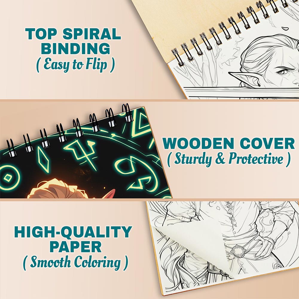 Netecom Handsome Male Elves Coloring Book Spiral Bound for Adults, A5 Wooden Cover, 30 Charming Coloring Pages of Elf Men for Stress Relief and Relaxation