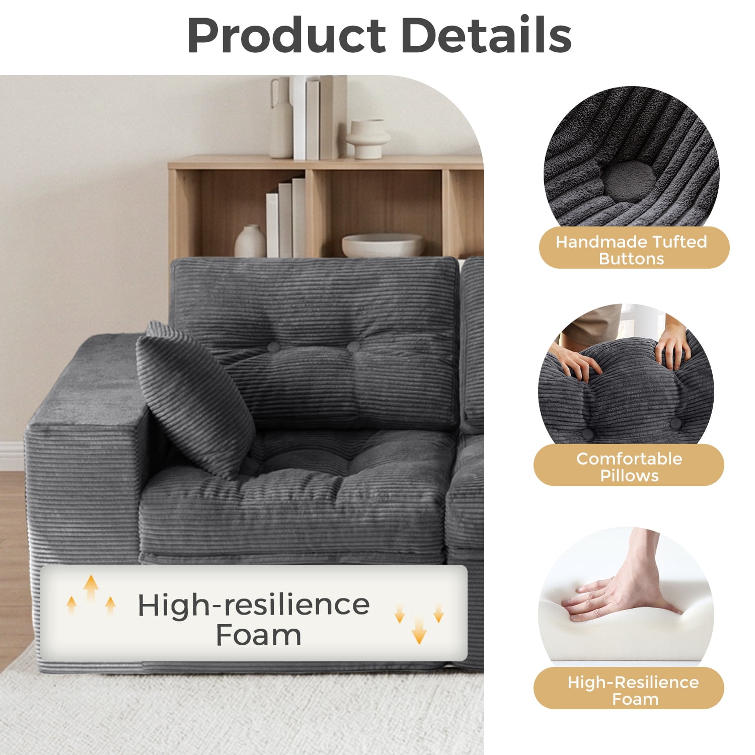 BYBYME 130"Oversized L-Shaped Sectional Sofa Cloud Boneless Modular Couch,Upholstered Sofa with Convertible Left/Right Ottoman for Living Room Bedroom,No Assembly,DGrey