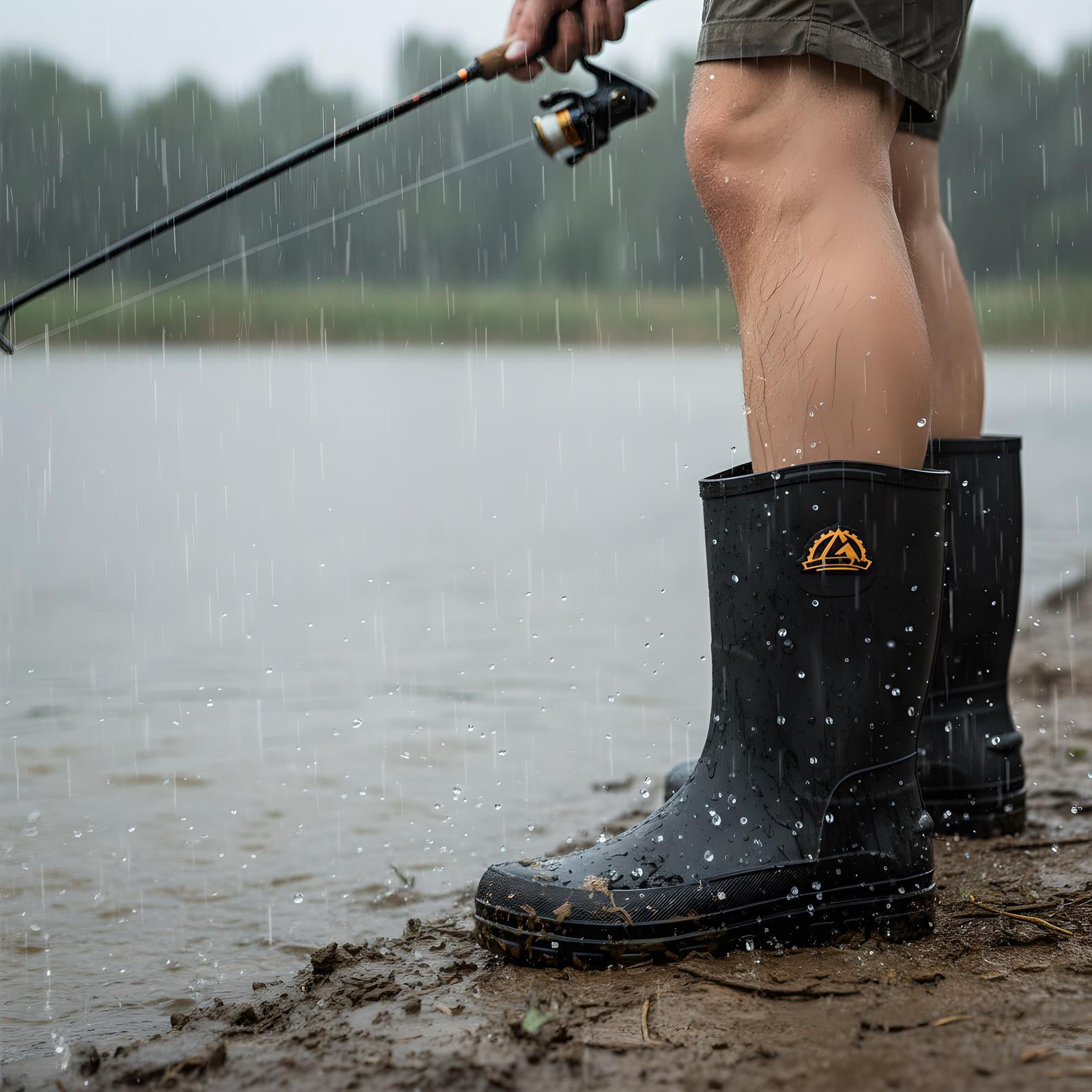 Liyufly Rain Boots for Men, Non-Slip Waterproof Rubber Boots Outdoor Garden Mid Calf Muck Work Shoes Rainboots for Fishing Climbing, Black, Size 11