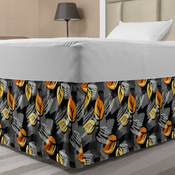 Fine Art Bed Skirt, Leaves and Random Paintbrush Strokes, Elastic Bedskirt Dust Ruffle Wrap Around for Bedding Decor, 4 Sizes, Grey Multicolor, by Ambesonne