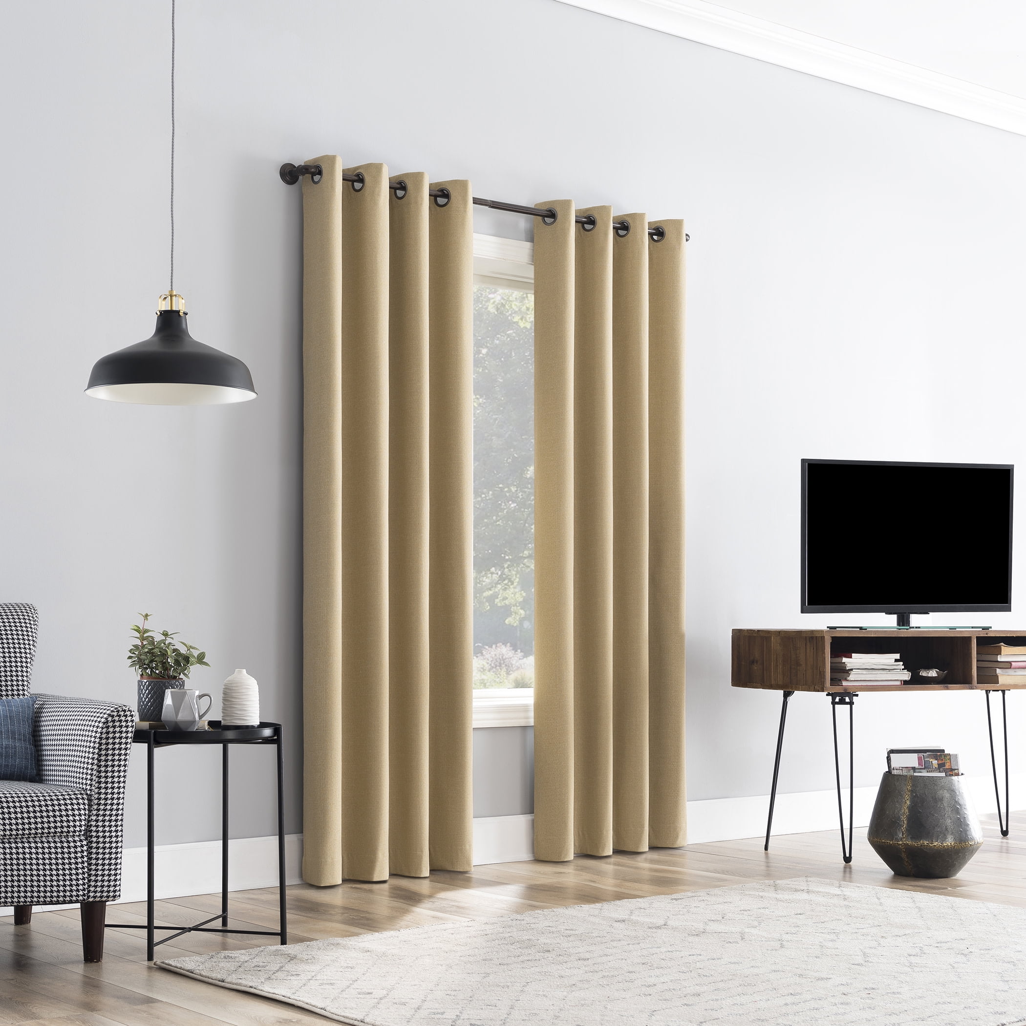 Sun Zero Channing Grid Texture Draft Shield Fleece Insulated 100% Blackout Grommet Curtain Panel, 50X63, Soft Gold