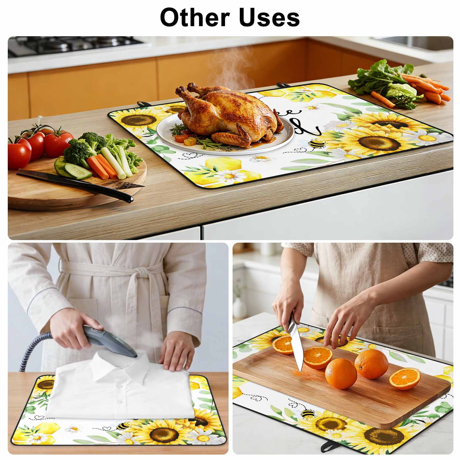 Sunflower Floral Stove Top Cover for Electric Stove, Heat-proof & Non Slip Glass Top Stove Cover Protector, Farmhouse Pastoral Daisy Bees Botanical Kitchen Flat Cooktop Rubber Mat 24x21 Inches