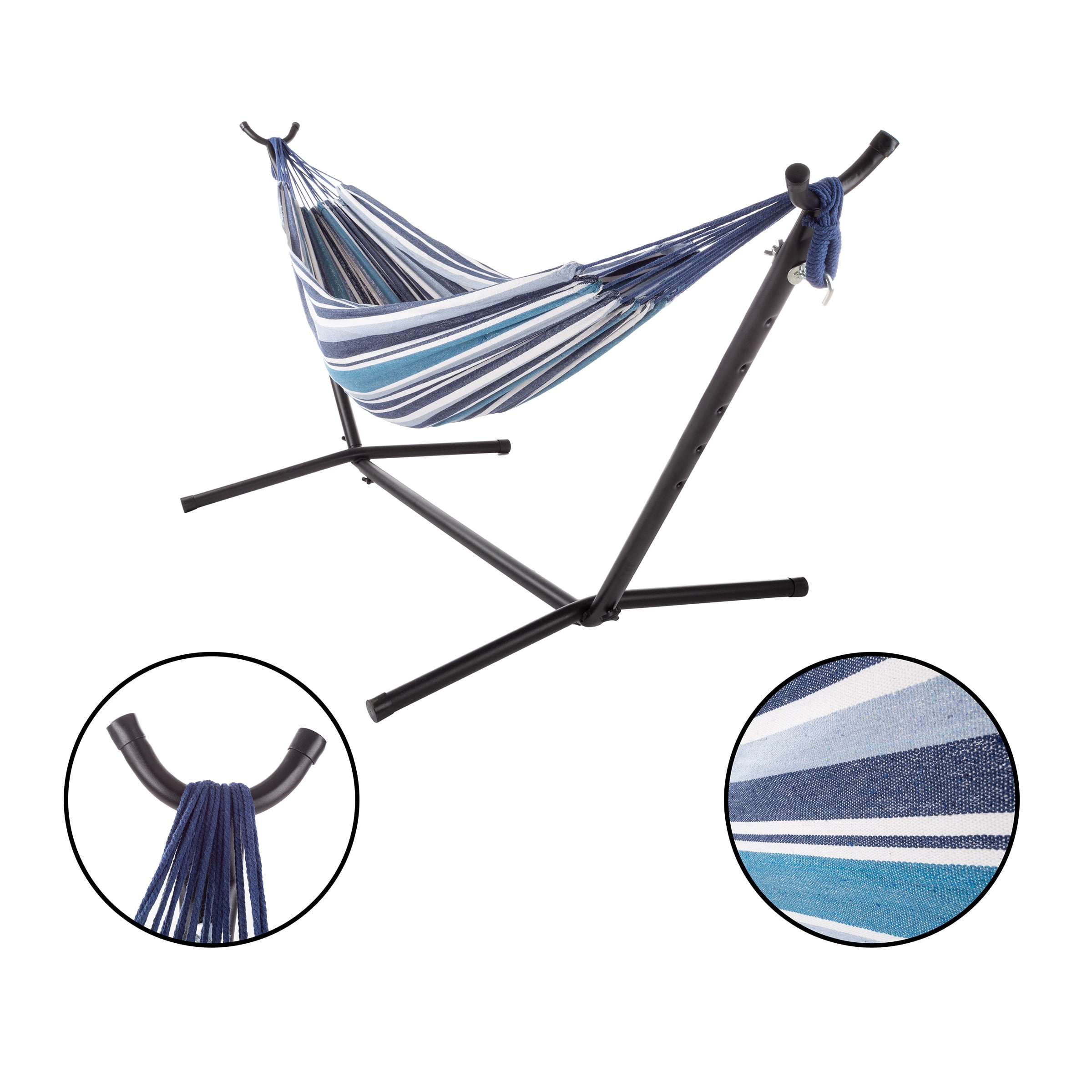 Pure Garden 400lb Capacity 2 Person Double Hammock with Stand, Blue Stripe