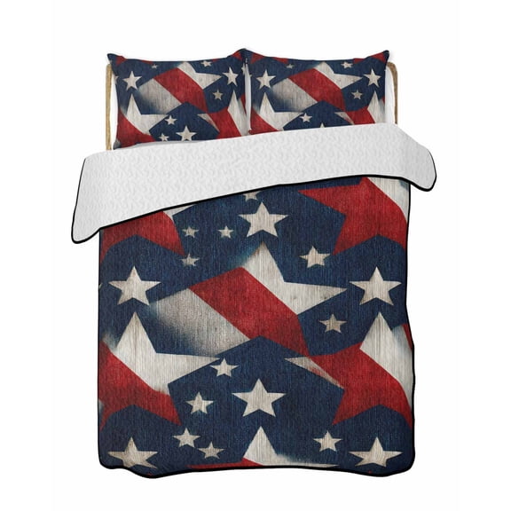 Quilts Twin Size Bedding Set, 4th of July Lightweight Quilted Comforter, Independence Day Patriotic Red Blue Stars Soft Reversible Bedspread Coverlet with Pillow Covers for All Season, 68" x 86"