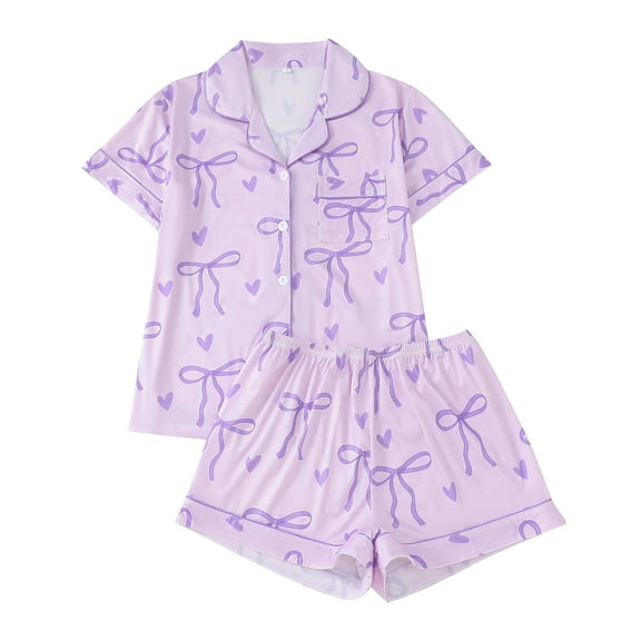 Women’s Short Sleeve Button Down Pajama Set with Bow and Heart Print Top and Elastic Waist Shorts Sleepwear