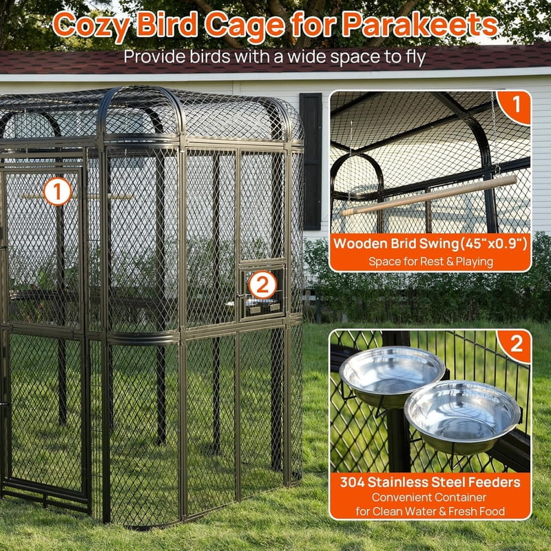 Walnest Large Walk-in Cage 77-inch Heavy Duty Bird Cage Outdoor Diamond Grid Aviary Parrot Cage with 2 Feeding Bowls Black