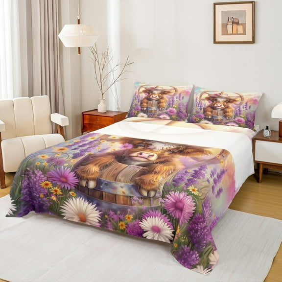 Manfei Highland Cow Twin Sheet Sets 3pcs for Kids, Colorful Daisy Floral Twin Fitted Sheet, Rustic Farmhouse Flat Sheet, Breathable Home Decor