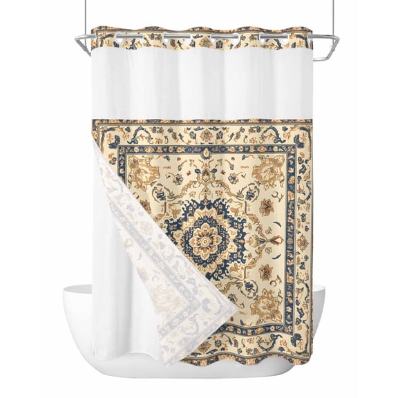 No Hook Shower Curtains with Snap in Liner, Yellow Blue Boho Waterproof Fabric Shower Curtain, Rustic Southwestern Ethnic Geometric Double Layers & See-Through Top Window Bathroom Curtains 72''x96''