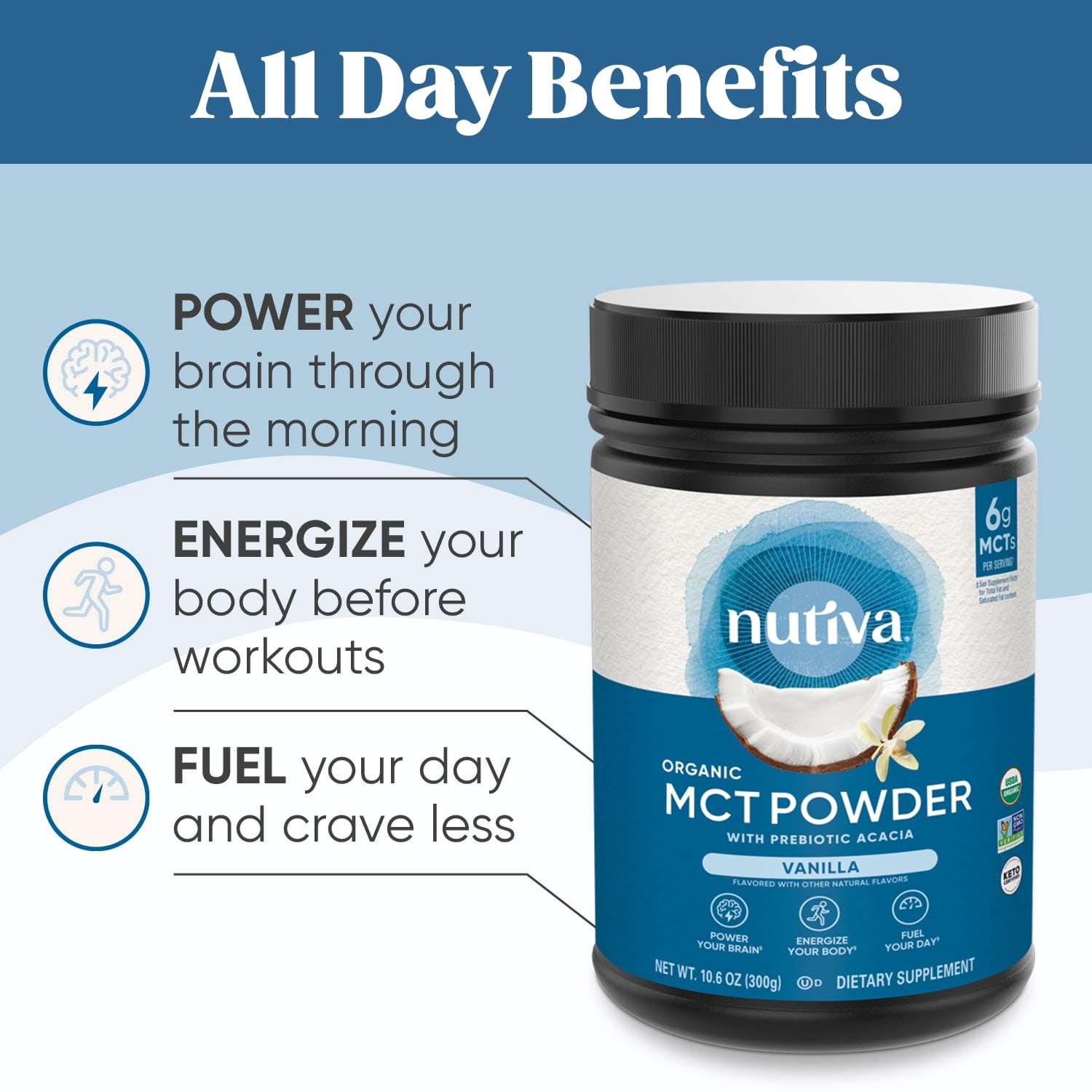 Nutiva organic mct powder with prebiotic acacia fiber, vanilla, 10.6 ounce