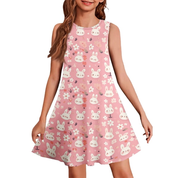 LTTVQM Girls Easter Dress 2026 Egg Rabbit Print Happy Sleeveless Sundress Casual Round Neck Midi Dress Holiday A-Line Dresses Pink 9-10 Years