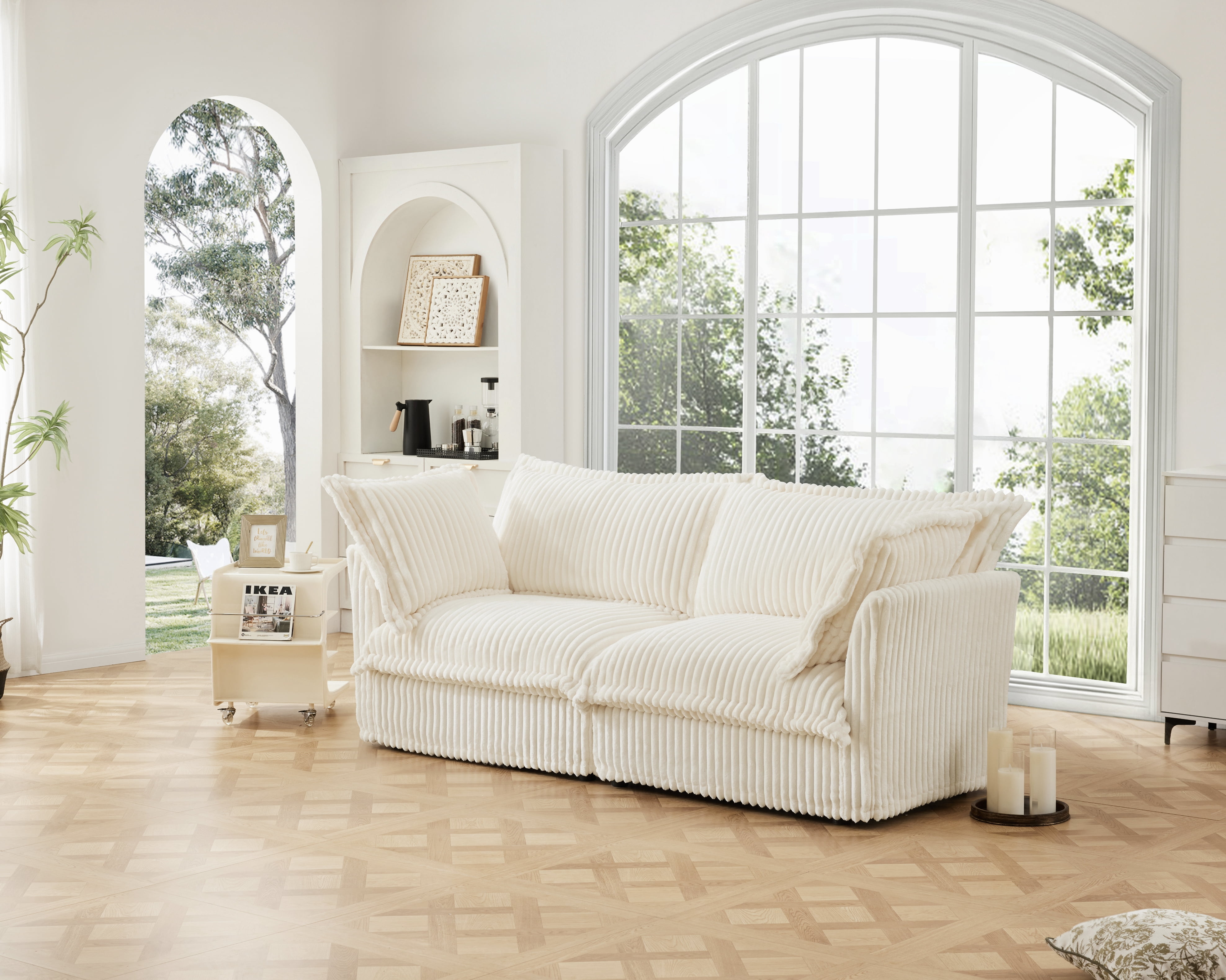 Modern Cream Corduroy Loveseat Sofa, Comfortable Cushion with Removable Cover for Living Room/Apt,White
