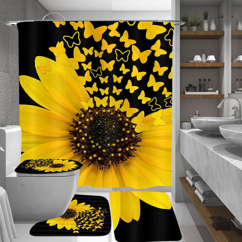 Sunflower Bathroom Non-Slip Pedestal Rug Lid Toilet Cover Mat Shower Curtain 