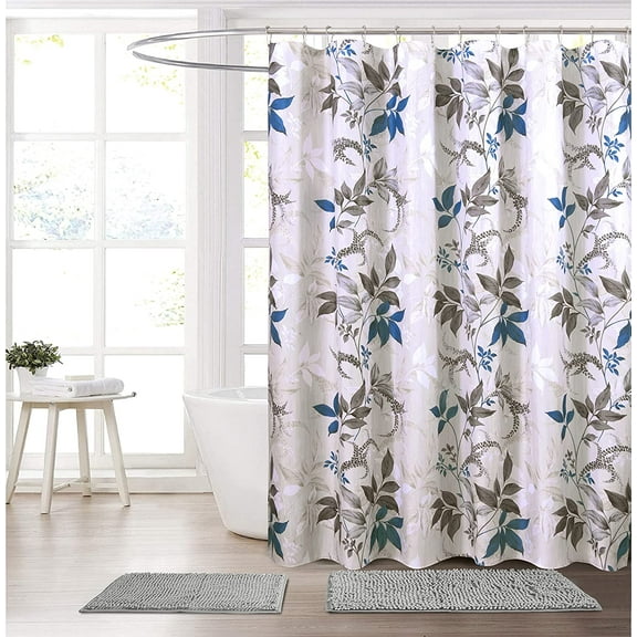 Serafina Home Floral Leaf Fabric Shower Curtain: Vine Striped Flora Design, Teal Blue Gray Beige (Provincial Teal)
