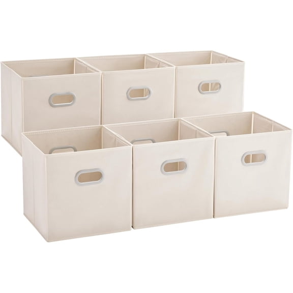 6 Pack Foldable Fabric Storage Bins with Handles - Ideal for Closet Organization, Bedroom and Nursery（ Beige, 12"x12"x12"）