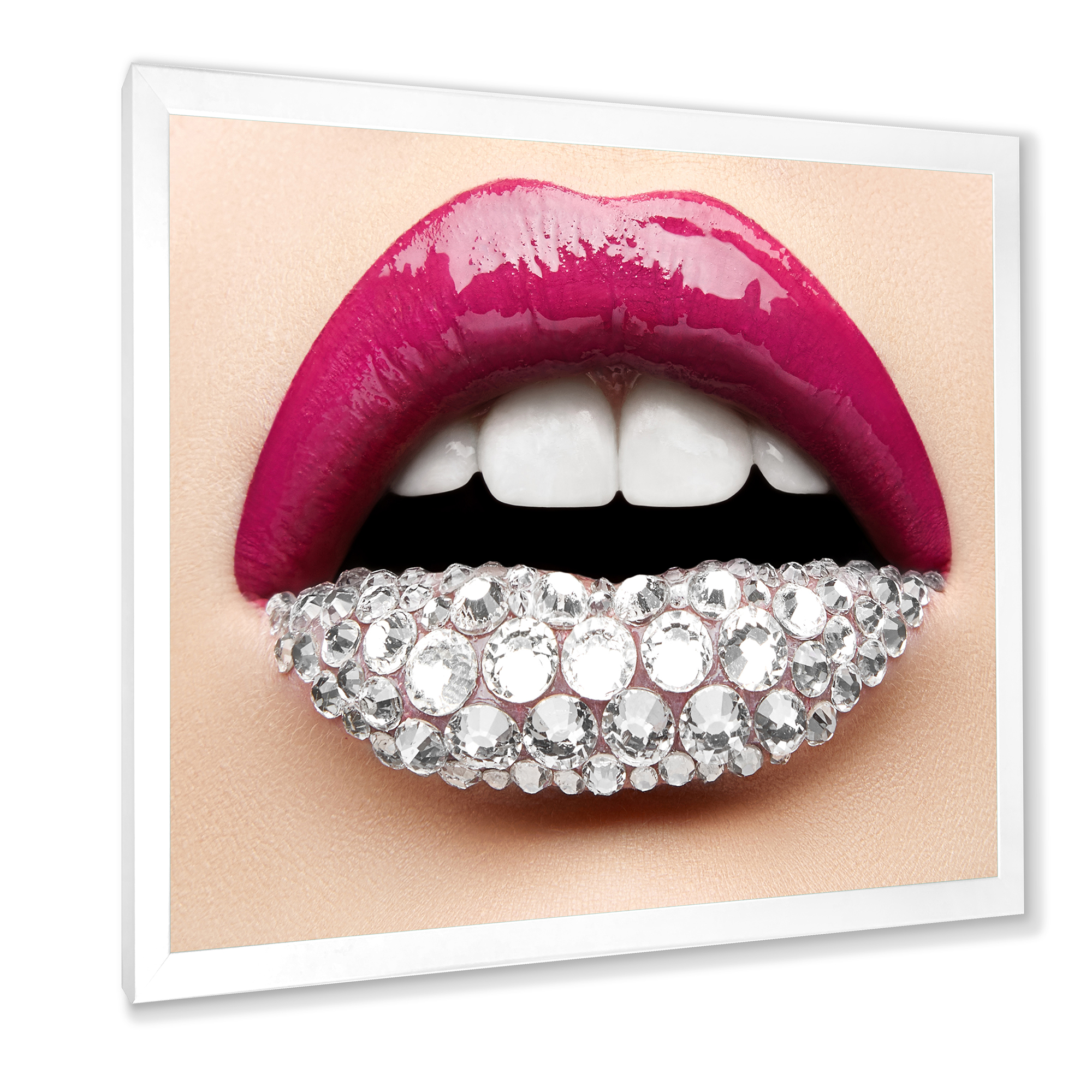 Designart 'Girl Lips With Pink Lipstick White Diamonds' Modern Framed Art Print