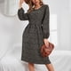 thumbnail image 2 of Vestido midi de mujer con estampado floral, cuello redondo, cintura alta, vestido de manga larga para citas, oficina en casa, negro M, 2 of 6