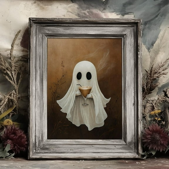 Ghost Drinking Cocktail Canvas Poster Ghost Halloween Rustic Print Wall Art Painting For Halloween Ghost Bar Dorm Room Living Room Home Decor Unframed